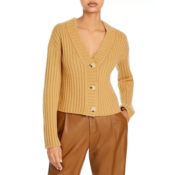 Vince Women Tan Chunky Ribbed Knit Wool & Cashmere Cardigan Sweater Size L - Picture 1 of 6